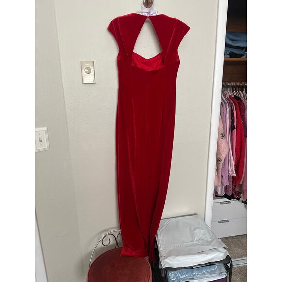 Vintage 90s Sz 4 Red Velvet Rhinestone Empire Waist Cap Sleeve Maxi Dress Gown - Picture 11 of 13